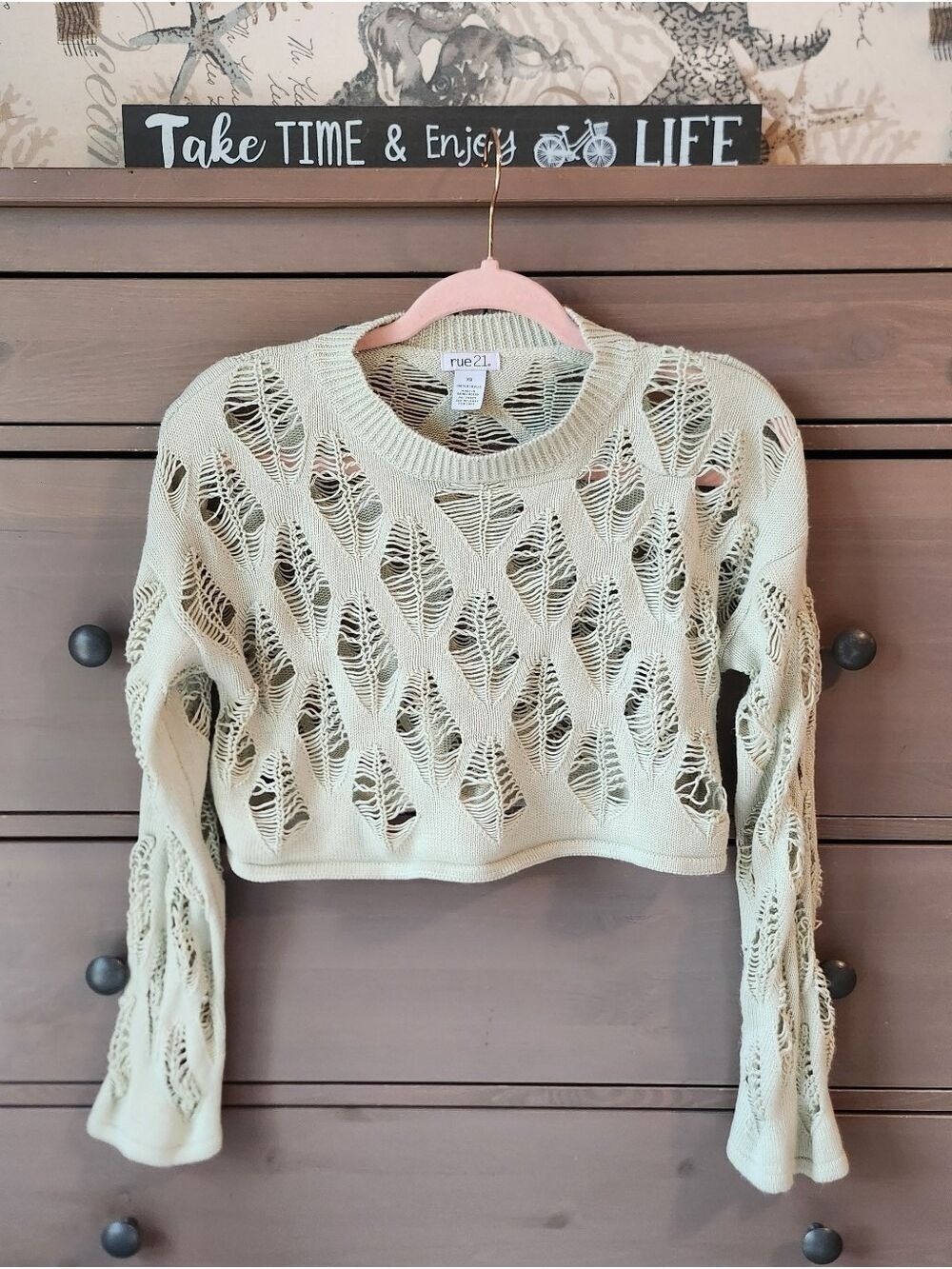 rue21 Open-Knit Cropped Sweater in Sage Green size XS